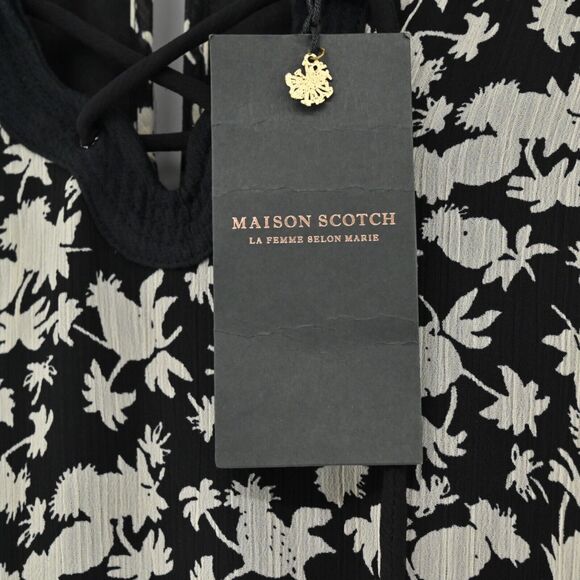 MAISON SCOTCH Dress Womens Size 4 Floral Mini Black Tropical Print Smocked NEW - Picture 10 of 14